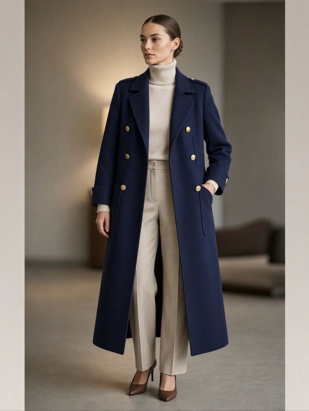 Baccarat Navy Double-Breasted Pea Coat with Gold Buttons